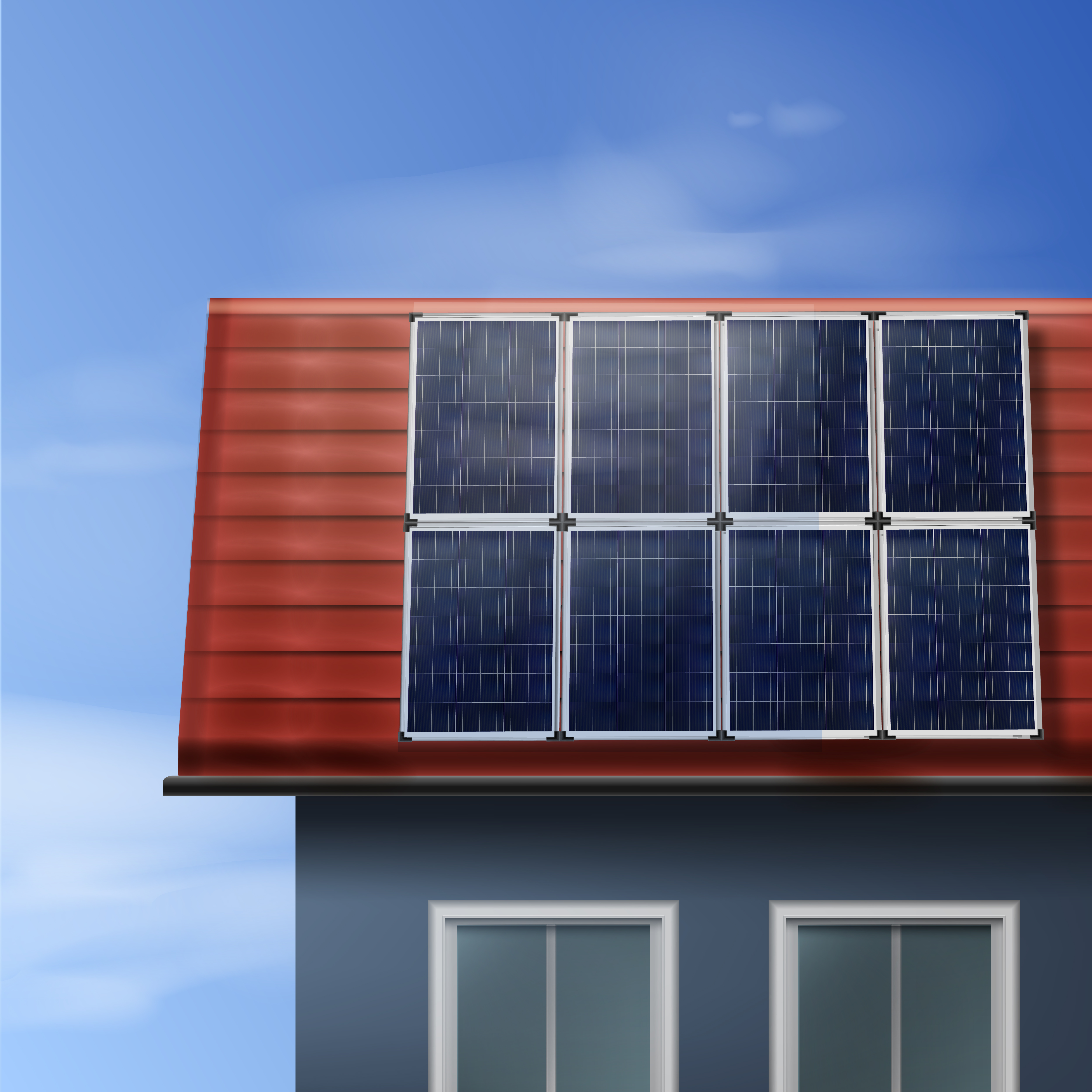 Vector portable solar panels isolated on tiled roof house with cloudy sky